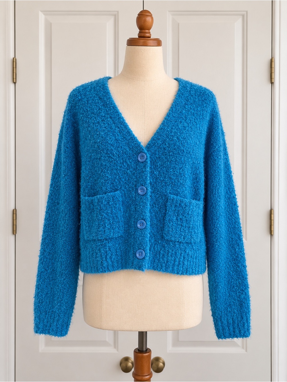 Aerie Cerulean Blue Fuzzy Bouclé Cropped Cardigan Size L/G